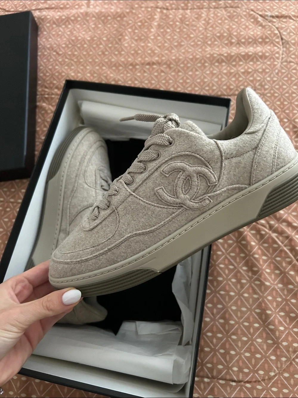 CHANEL Wool Quilted Low-Top Sneakers in Taupe